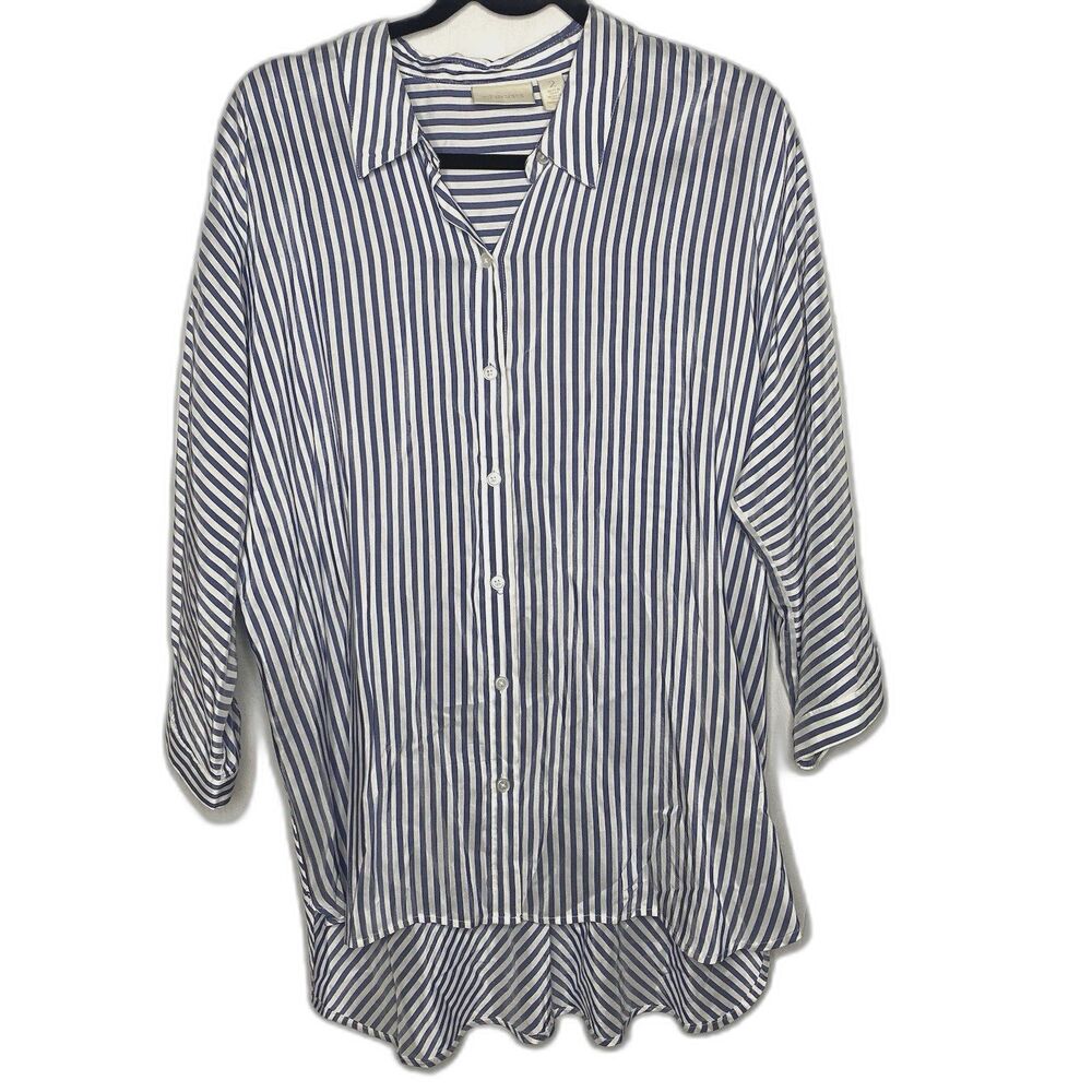 Chicos Semi-Sheer Striped Blouse Womens 2 Button Front Tunic 3/4 Sleeve Blue XL